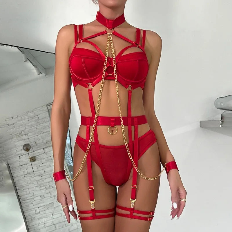 Sexy Strappy Lingerie Set for Women – Harness Bra & Garter Belt with Panties