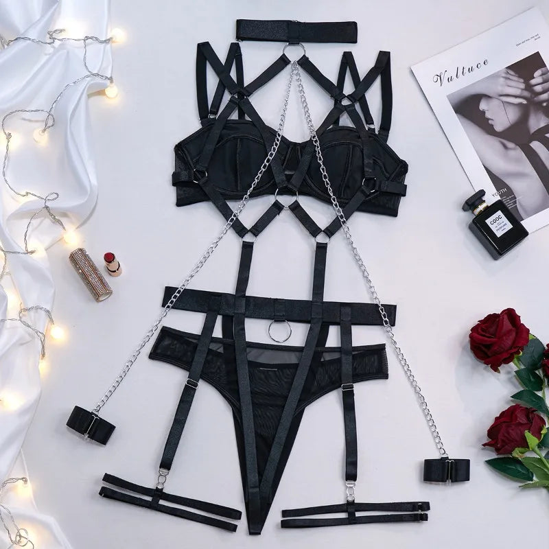 Sexy Strappy Lingerie Set for Women – Harness Bra & Garter Belt with Panties