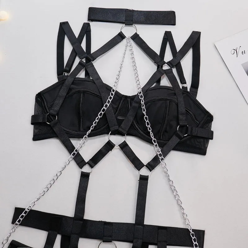 Sexy Strappy Lingerie Set for Women – Harness Bra & Garter Belt with Panties