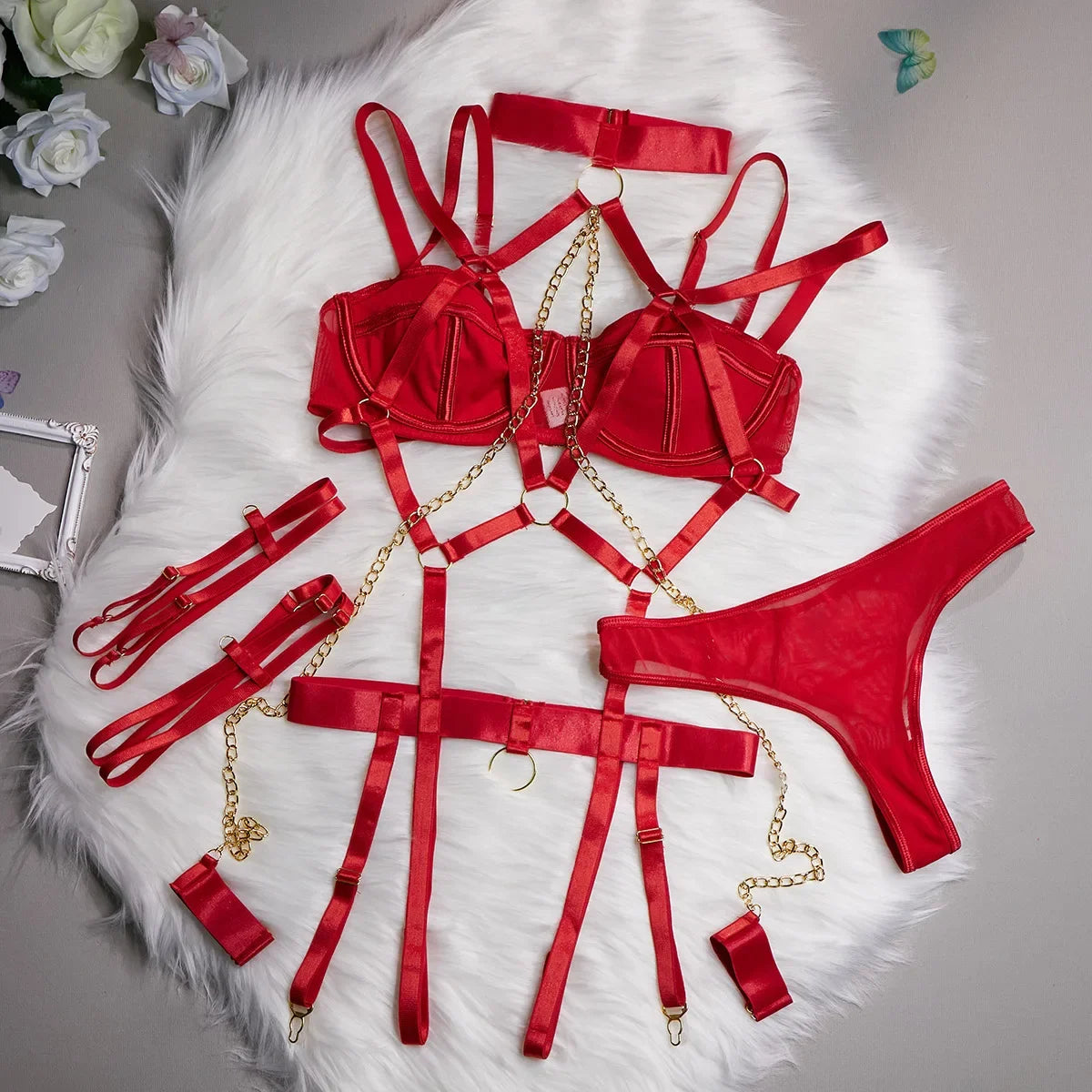 Sexy Strappy Lingerie Set for Women – Harness Bra & Garter Belt with Panties