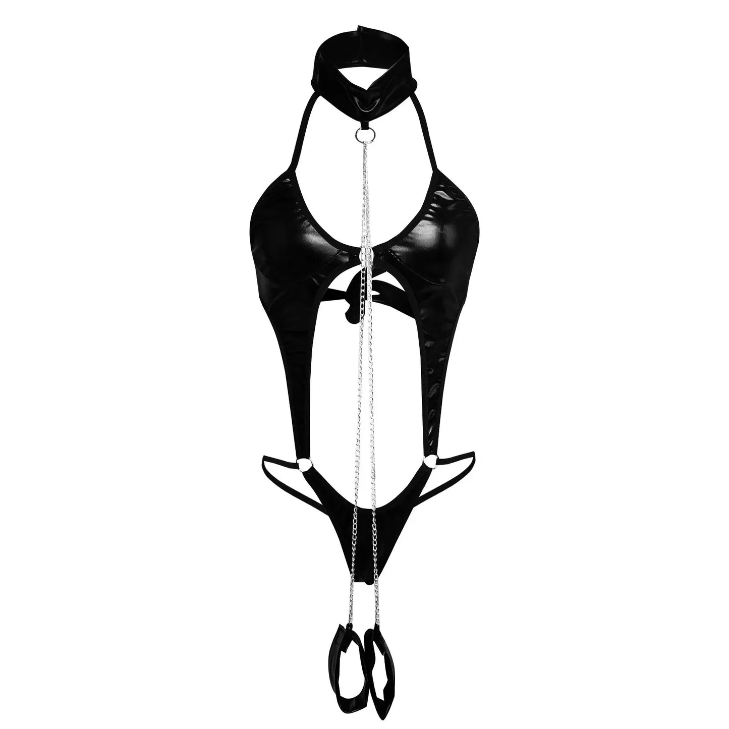 Leather Strappy Lingerie Bodysuit with Harness & Cuffs
