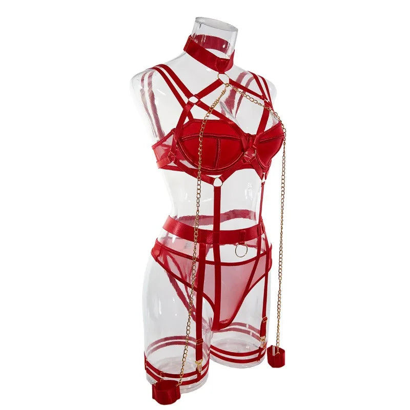 Sexy Strappy Lingerie Set for Women – Harness Bra & Garter Belt with Panties