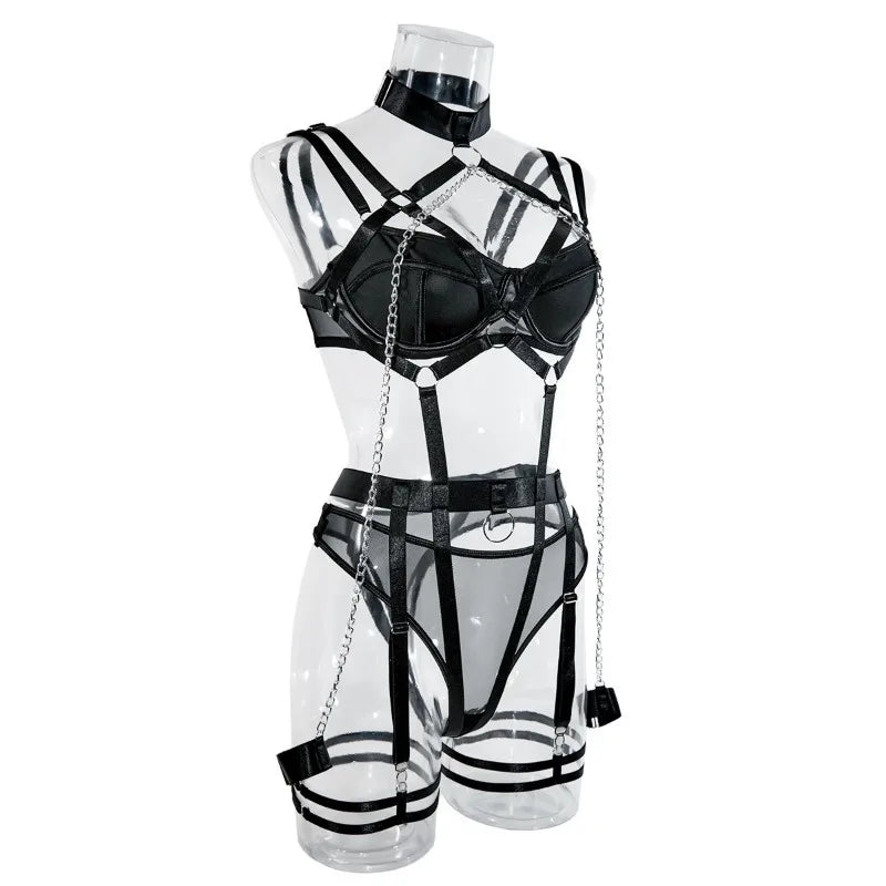 Sexy Strappy Lingerie Set for Women – Harness Bra & Garter Belt with Panties