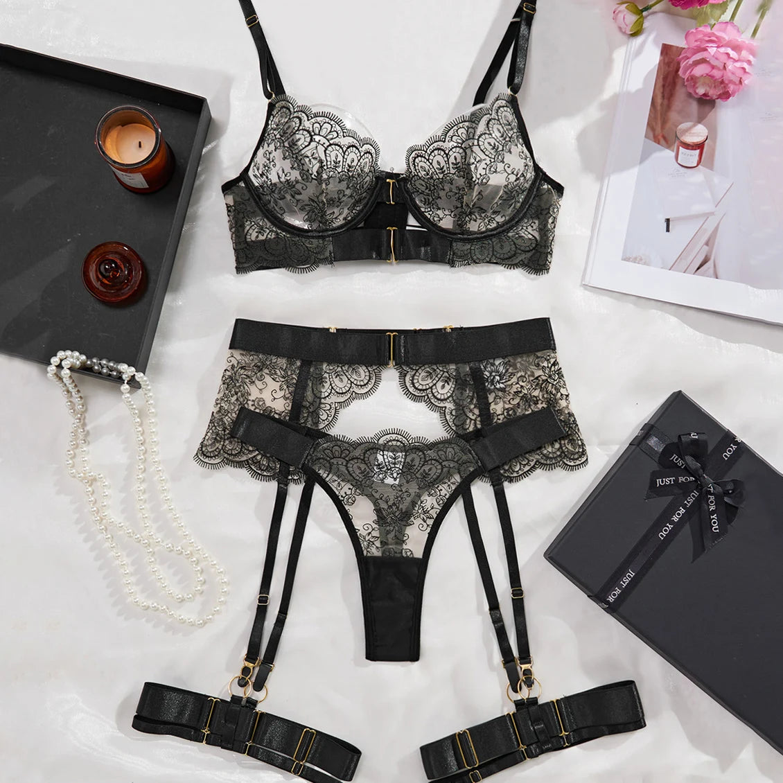 Sexy Lace Bra & Panty Set with Garter