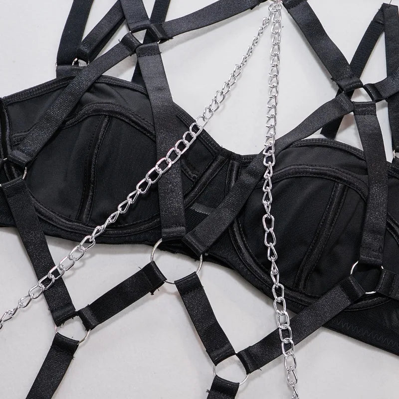Sexy Strappy Lingerie Set for Women – Harness Bra & Garter Belt with Panties