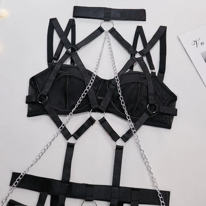 Sexy Strappy Lingerie Set for Women – Harness Bra & Garter Belt with Panties