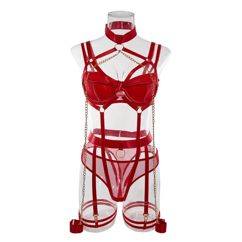 Sexy Strappy Lingerie Set for Women – Harness Bra & Garter Belt with Panties